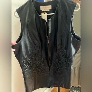 Black Sleeveless Leather Dress with Floral Embroidery